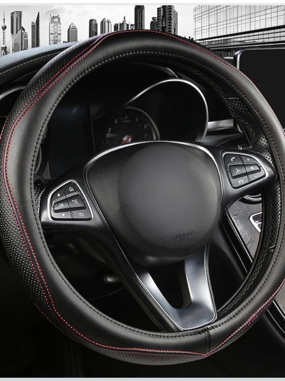 Black Genuine Leather Steering Wheel Cover for Cars,Universal 14.5-15 inch Steer